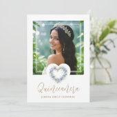 Lovely XVs Floral Blue & Gold Heart Shape Wreath Einladung (Stehend Vorderseite)