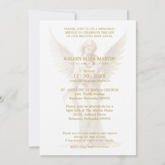 Loving Baby Guardian Angel Memorial Funeral Einladung (Rückseite)