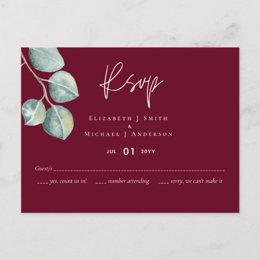 Low Budget BURGUNDY White EUCALYPTUS Wedding Postkarte (Vorderseite)