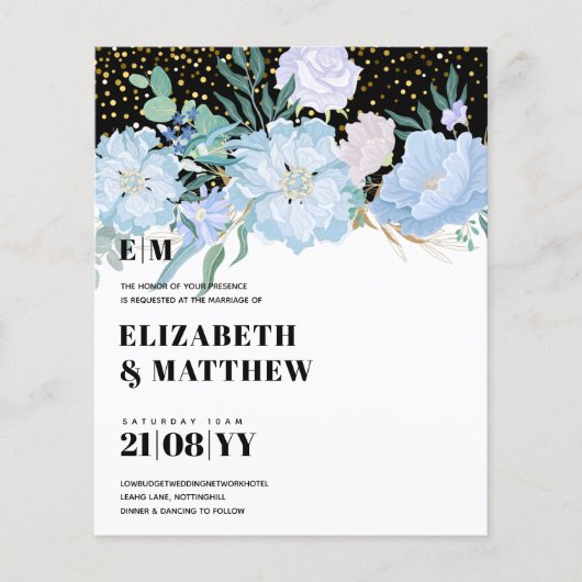 Low Budget Hochzeit FLYER Blue Blumen Girly (Vorne)
