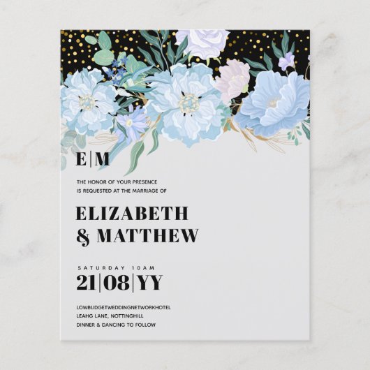 Low Budget Hochzeit FLYER Blue Blumen Girly (Vorne)