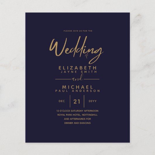 Low Budget Navy Blue Gold Simple Wedding Flyer (Vorne)