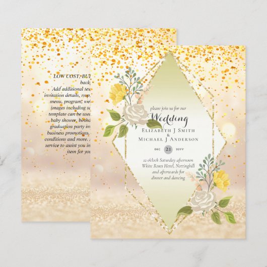 LOW BUDGET White Rose Gelbe Blume Hochzeit einlade (Vorne/Hinten)