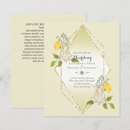 LOW BUDGET White Rose Gelbe Blume Hochzeit einlade (Vorne/Hinten)