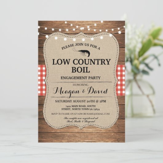 Low Country Boil Engagement Party Red Check Einladung (Stehend Vorderseite)