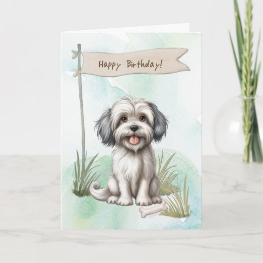 Lowchen Hund Rasse Outdoor under Birthday Sign Karte (Vorderseite)