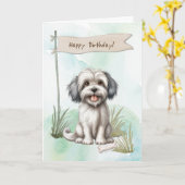 Lowchen Hund Rasse Outdoor under Birthday Sign Karte (Gelbe Blume)