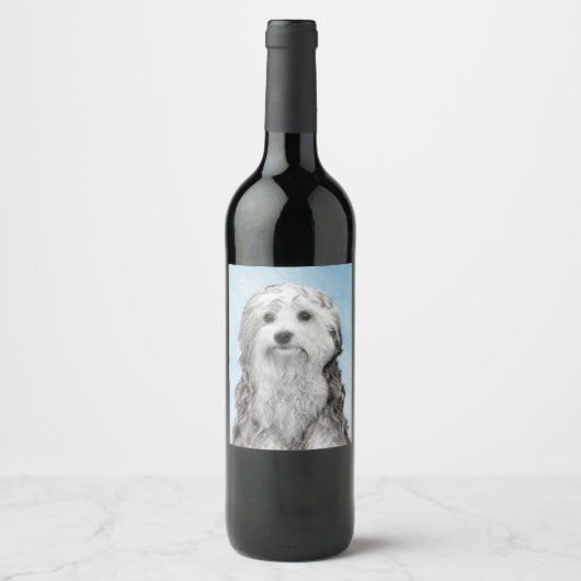 Lowchen Malerei - Niedliche Original Hunde Kunst Weinetikett (Vorderseite)