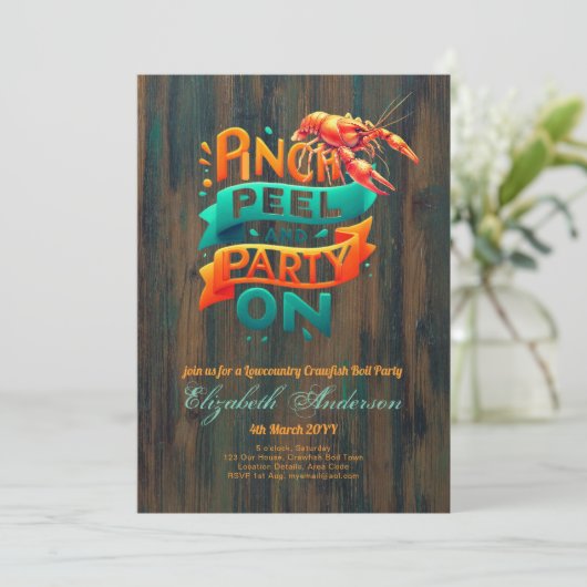 Lowcountry Boil Crawfish Party Rustikal Einladung (Stehend Vorderseite)