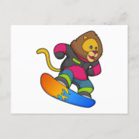 Löwe als Snowboarder mit Snowboard