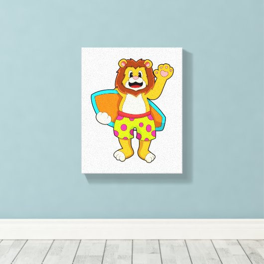 Löwe als Surfer mit Surfbrett Leinwanddruck (Insitu (Holzboden))