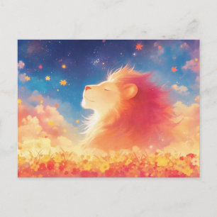 Löwe auf einem Wildblumenfeld unter dem sternenkla Postkarte