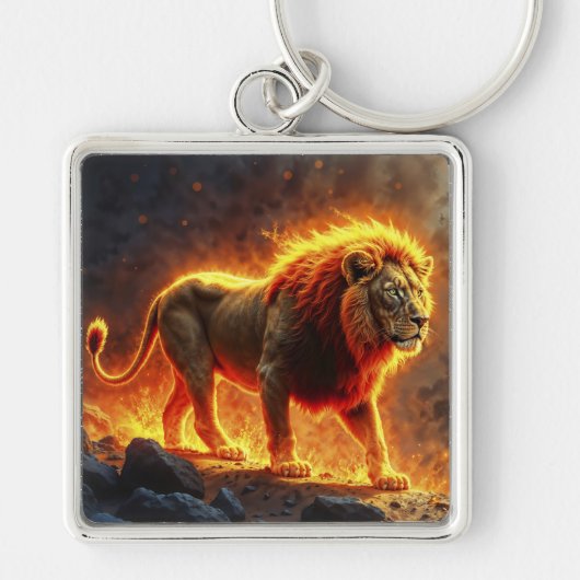 Löwe brennender Vulkanfeuer-Fantasiekunst Schlüsselanhänger (Vorne)