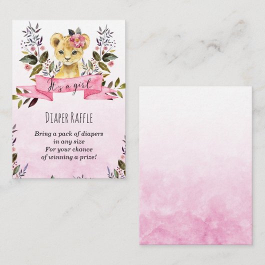 Löwe cub pink Girl Diaper Raffel Umschließkarte Begleitkarte (Vorne/Hinten)