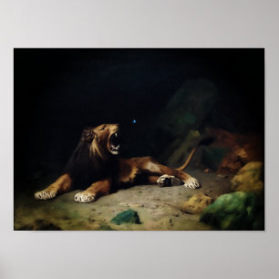 Löwe, der an einem Schmetterling reißt Poster
