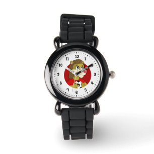 Löwe, der eine Fußballball-Cartoon-Uhr hält Armbanduhr