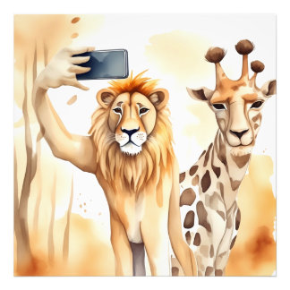 Löwe, die sich mit Giraffe selfie nimmt Fotodruck