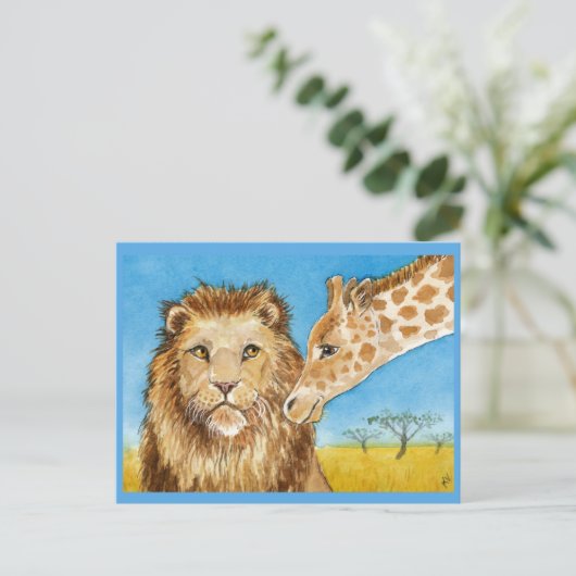 Löwe, Giraffe, afrikanische Tiere Postkarte (Stehend Vorderseite)
