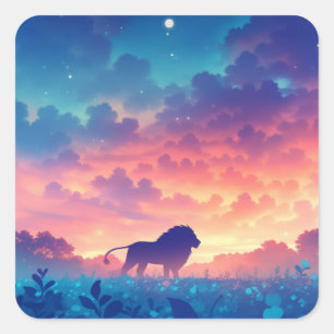 Löwe in einem Feld von Sonnenuntergangstönen Quadratischer Aufkleber