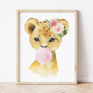 Löwe, Jungle Safari, Rosa Bläschen, Girl-Kinderzim Fotodruck