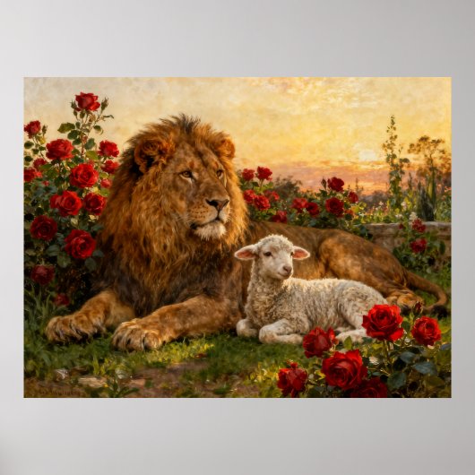 Löwe & Lamm in den Rosen Poster (Vorne)