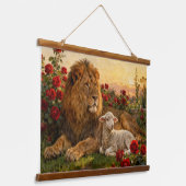 Löwe & Lamm in den Rosen Wandteppich Mit Holzrahmen (Gewinkelt)
