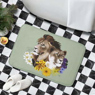 Löwe Löwin Floral Grün  Badematte