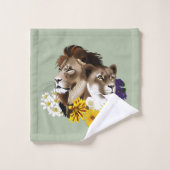 Löwe Löwin Floral Grün Badhandtuch Set (Waschlappen)