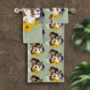 Löwe Löwin Floral Grün Badhandtuch Set