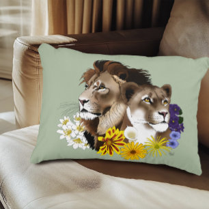 Löwe Löwin Floral Grün Dekokissen