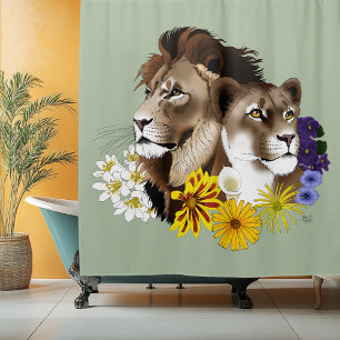 Löwe Löwin Floral Grün  Duschvorhang