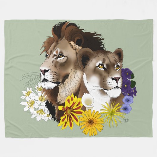 Löwe Löwin Floral Grün Fleecedecke (Vorderseite (Horizontal))