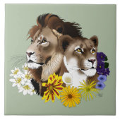 Löwe Löwin Floral Grün  Fliese (Vorderseite)
