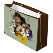 Löwe Löwin Floral Grün  Große Geschenktüte (Vorderseite Schrägansicht)