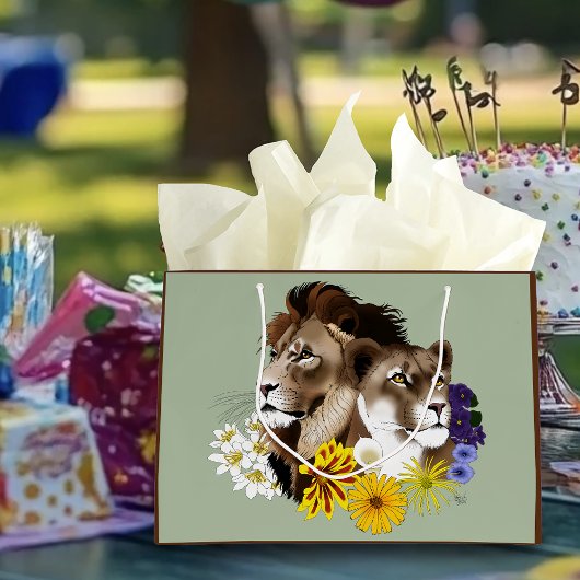 Löwe Löwin Floral Grün  Große Geschenktüte