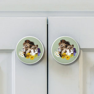 Löwe Löwin Floral Grün  Keramikknauf
