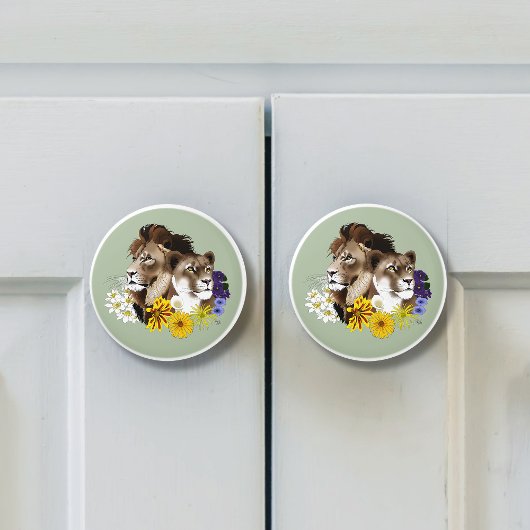 Löwe Löwin Floral Grün Keramikknauf