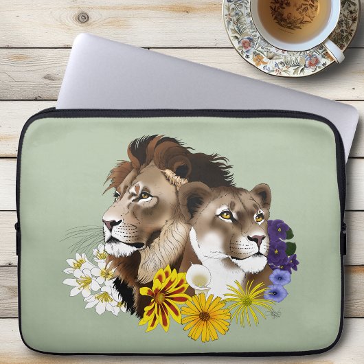 Löwe Löwin Floral Grün  Laptopschutzhülle
