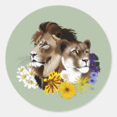 Löwe Löwin Floral Grün  Runder Aufkleber (Vorderseite)