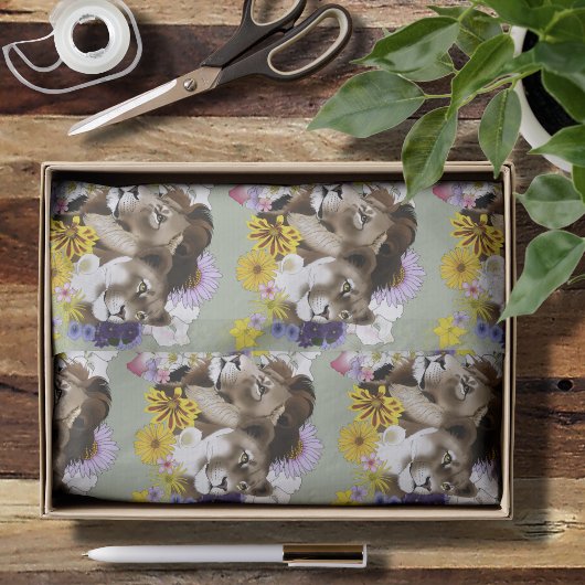 Löwe Löwin Floral Grün Seidenpapier