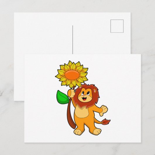 Löwe mit Blume Sonnenblume Postkarte (Vorne/Hinten)