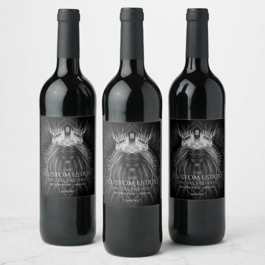 Löwe mit Crown Monogram Black Wine Label Weinetikett (Flaschen)