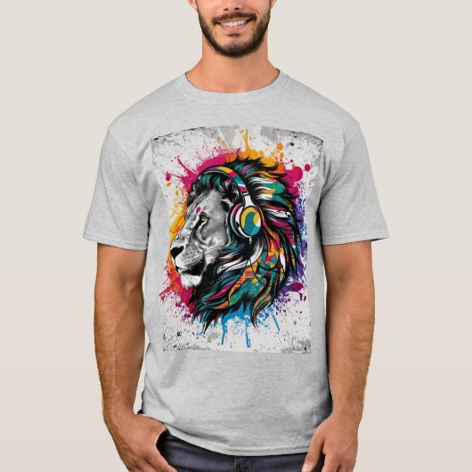 Löwe mit Kopfhörer Farbe Splash Lebendig T-Shirt (Vorderseite)