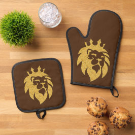 Löwe mit Krone - Goldstil 1 Ofenhandschuh & Topflappen-Set