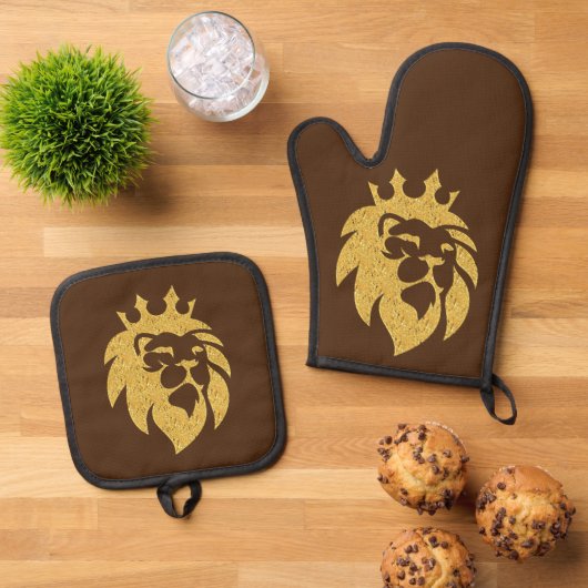 Löwe mit Krone - Goldstil 1 Ofenhandschuh & Topflappen-Set (Oben Unten)