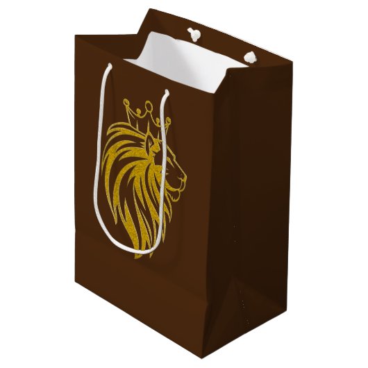 Löwe mit Krone - Goldstil 2 Mittlere Geschenktüte (Vorderseite Schrägansicht)
