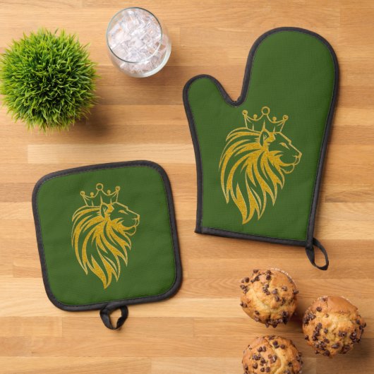 Löwe mit Krone - Goldstil 2 Ofenhandschuh & Topflappen-Set (Oben Unten)