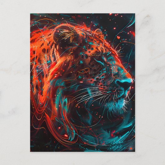 Löwe mit rötlich-türkisfarbenen Lichtwegen Postkarte (Vorderseite)