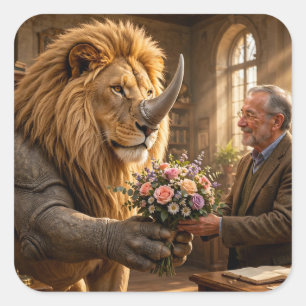 Löwe Nashorn Blumen Geschenk – Whimsical Vintage F Quadratischer Aufkleber