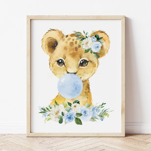 Löwe, Safari, Blauer Kaugummi, Junge Kinderzimmer Fotodruck